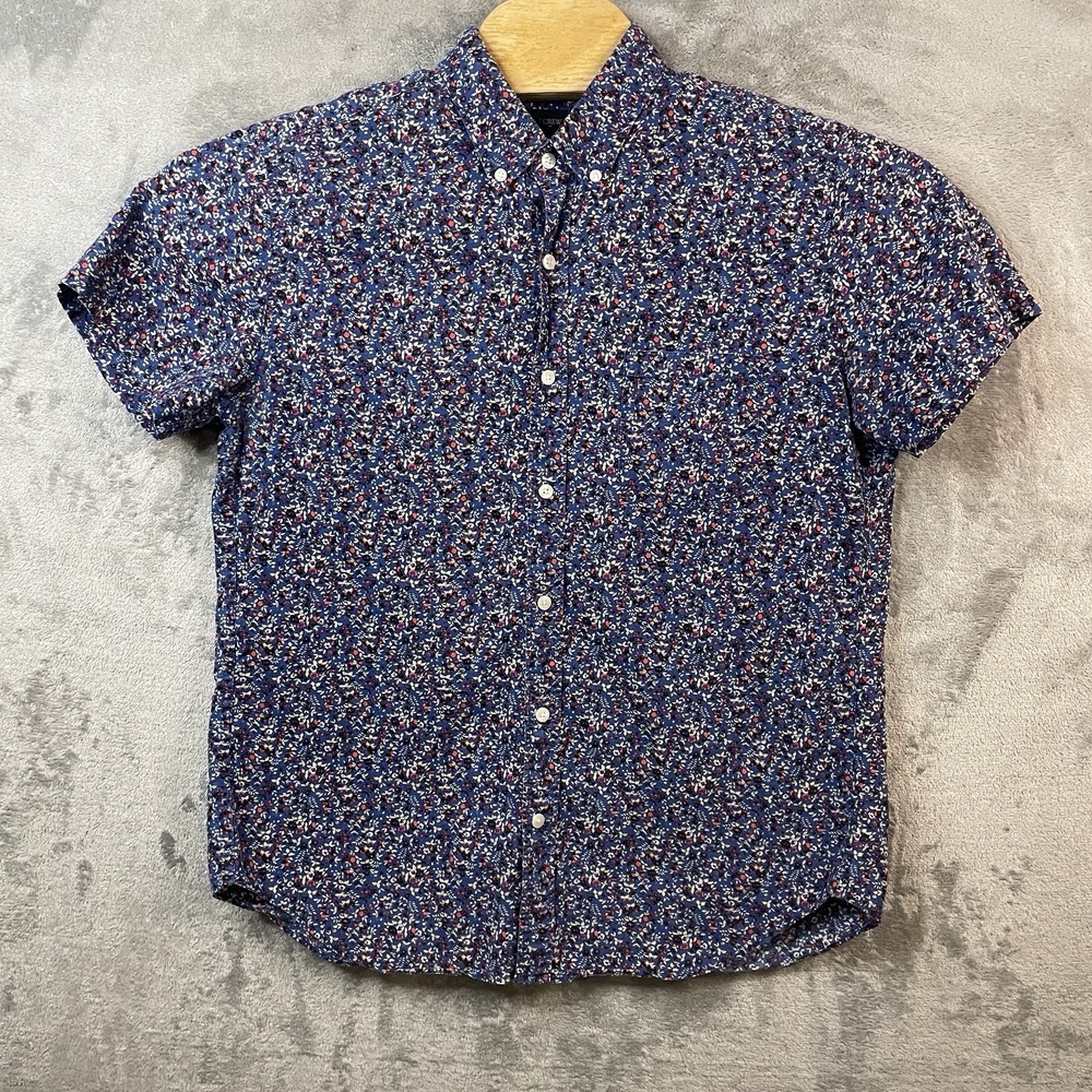 J Crew Men's L Short Sleeve Shirt Blue Floral Classic All Over Print Short Sleev